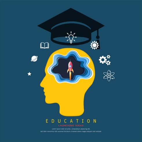 Concepto de educación y aprendizaje, Brain brain y cohete espacial de lanzamiento. Sobre su cabeza hay una gorra de graduación e íconos de conocimiento. vector