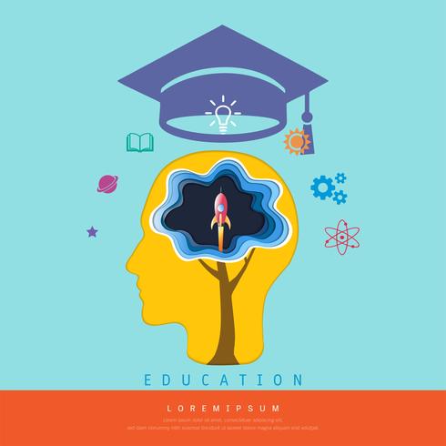 Education and learning concept, Brain thinking a launch space rocket flying, Above his head is a graduation cap and knowledge icons. vector