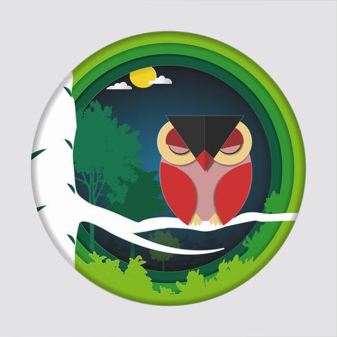 Paper art carve of bird red owl on tree branch in forest at night background. vector