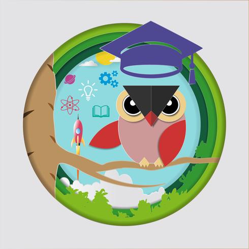 Concepto de educación y aprendizaje, profesor Owl con gorro de graduación, lanzamiento de cohete espacial e iconos de conocimiento. vector