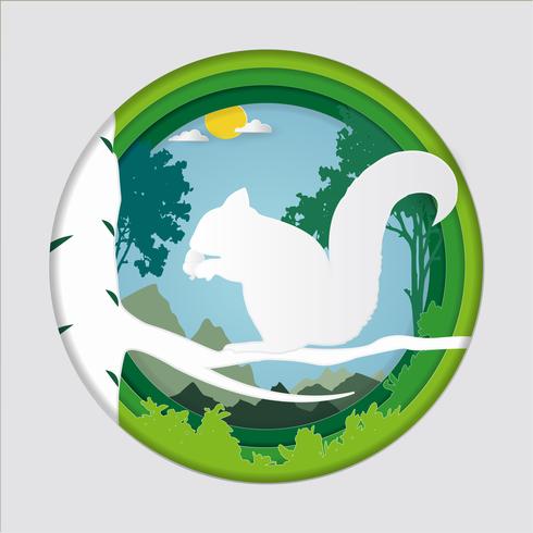 Paper art carve of squirrel on tree branch in forest background. vector