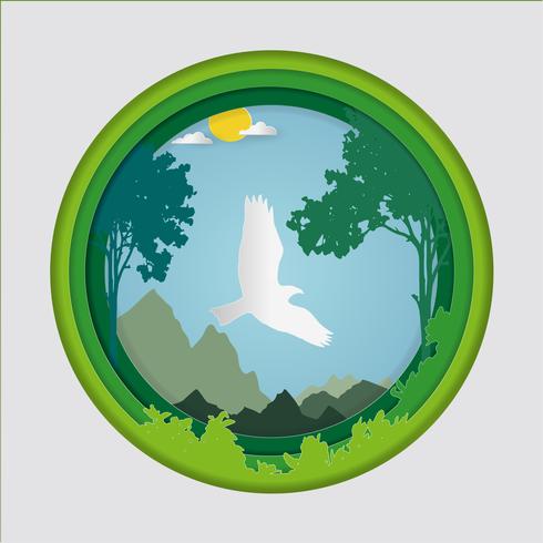 Paper art carve of bird on sky in forest background. vector