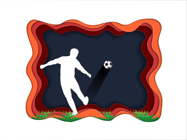 Paper art carve of soccer background with football player. vector