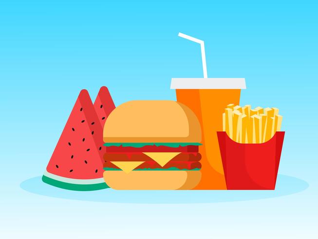 Burger with French Fries Watermelon and cola drink on Summer Season vector