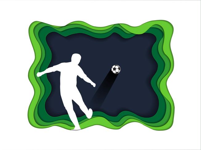 Paper art carve of soccer background with football player. vector