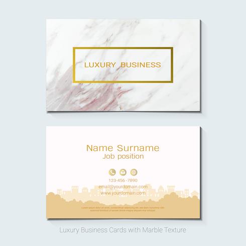 Luxury business cards vector template, Banner and cover with marble texture and golden foil details on white background.