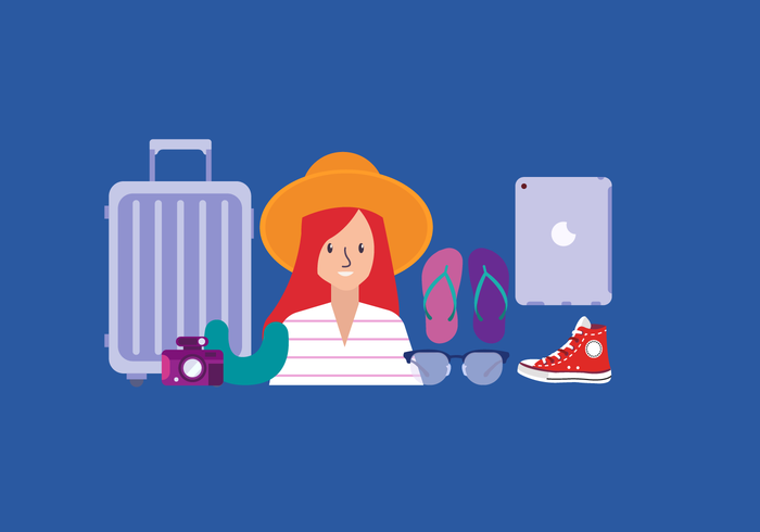 Female Traveler Essentials Pack vector Illustration