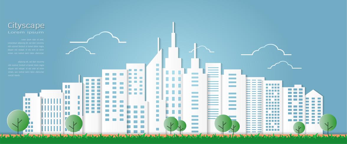 Paper art style for architectural building and cityscape background. vector