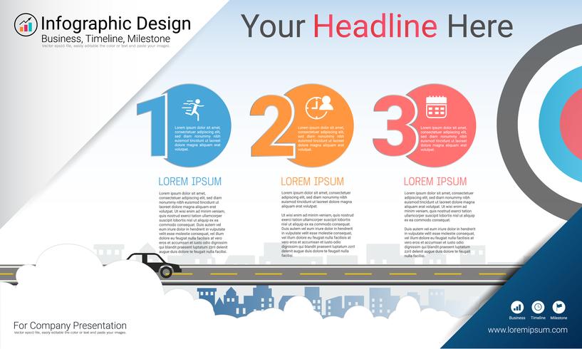 Business infographics report, Milestone timeline or Road map with Process flowchart 3 options. vector