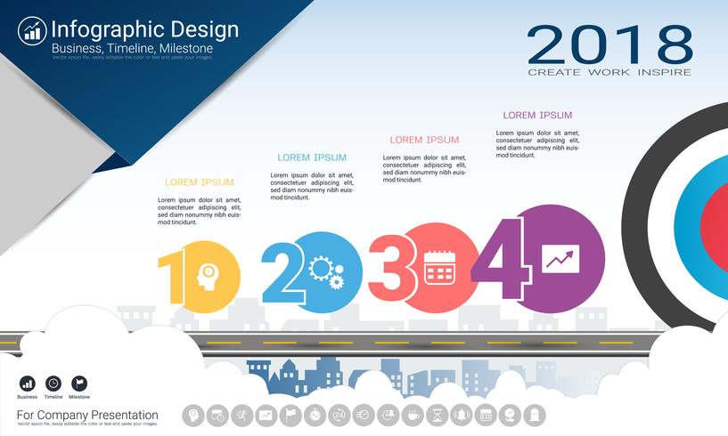 Business infographics report, Milestone timeline or Road map with Process flowchart 4 options. vector