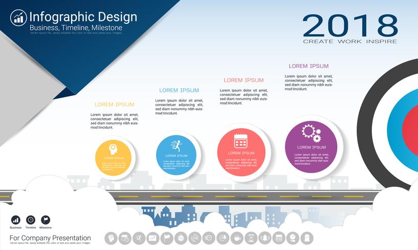 Informe de infografías de negocios, cronograma de Milestone o hoja de ruta con opciones de diagrama de flujo de proceso 4. vector