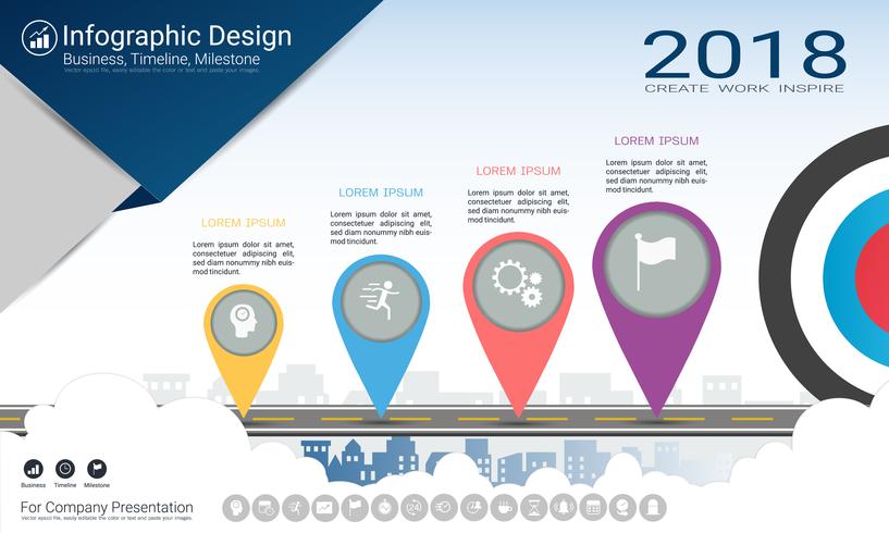 Business infographics report, Milestone timeline or Road map with Process flowchart 4 options. vector