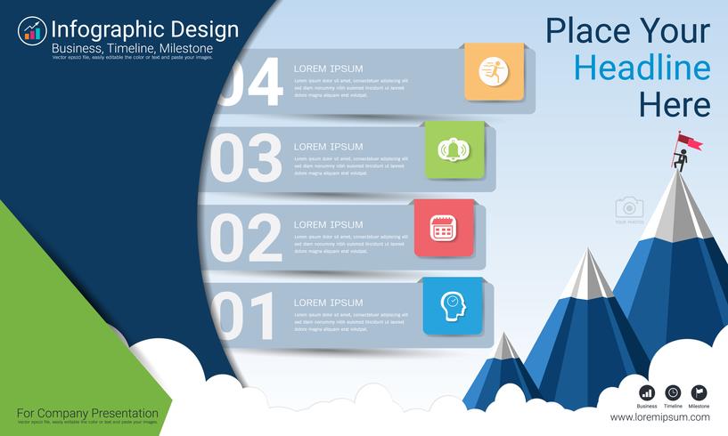 Informe de infografías de negocios, cronograma de Milestone o hoja de ruta con opciones de diagrama de flujo de proceso 4. vector