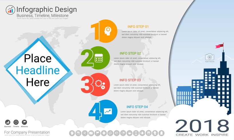 Business infographics template, Milestone timeline or Road map with Process flowchart 4 options vector