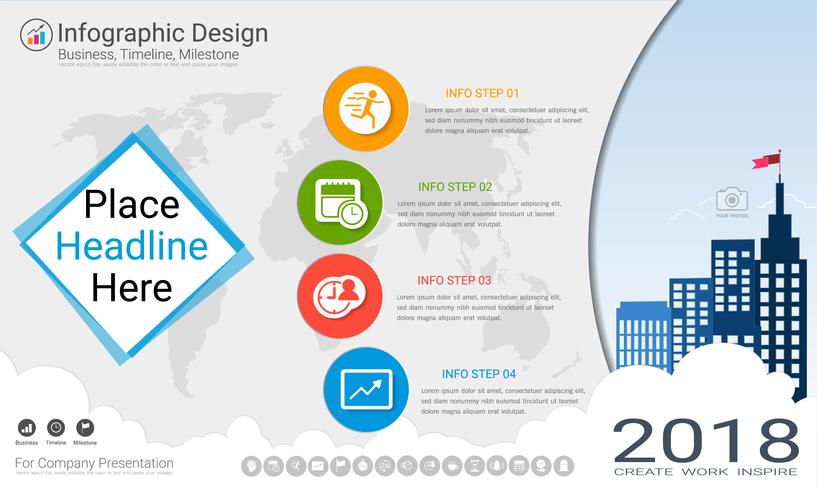 Business infographics template, Milestone timeline or Road map with Process flowchart 4 options. vector