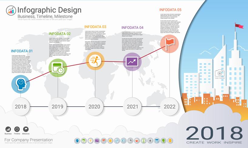 Plantilla de infografías de negocios, línea de tiempo de Milestone o hoja de ruta con opciones de diagrama de flujo de proceso 5. vector