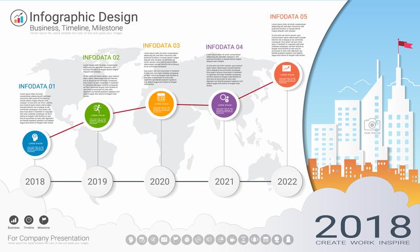 Plantilla de infografías de negocios, línea de tiempo de Milestone o hoja de ruta con opciones de diagrama de flujo de proceso 5. vector