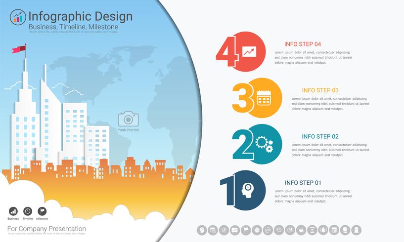 Plantilla de infografías de negocios, línea de tiempo de Milestone o Mapa de ruta con opciones de diagrama de flujo de proceso 4. vector