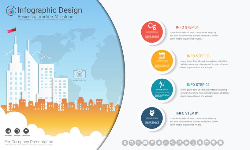 Plantilla de infografías de negocios, línea de tiempo de Milestone o Mapa de ruta con opciones de diagrama de flujo de proceso 4. vector