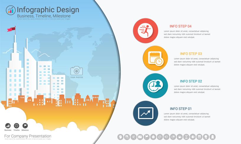 Plantilla de infografías de negocios, línea de tiempo de Milestone o Mapa de ruta con opciones de diagrama de flujo de proceso 4. vector