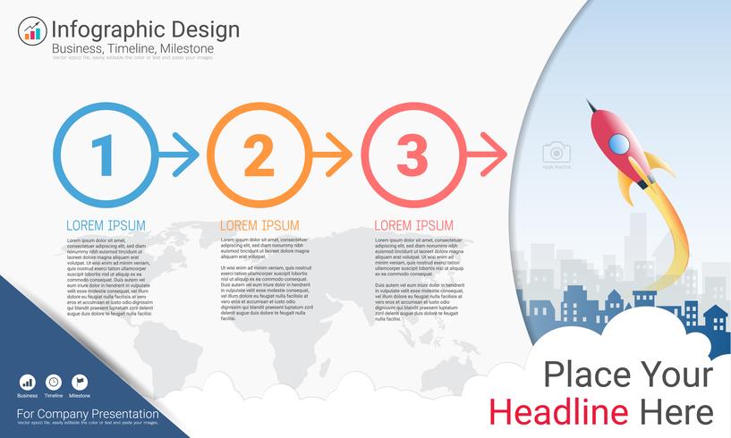 Business infographics report, Milestone timeline or Road map with Process flowchart 3 options. vector