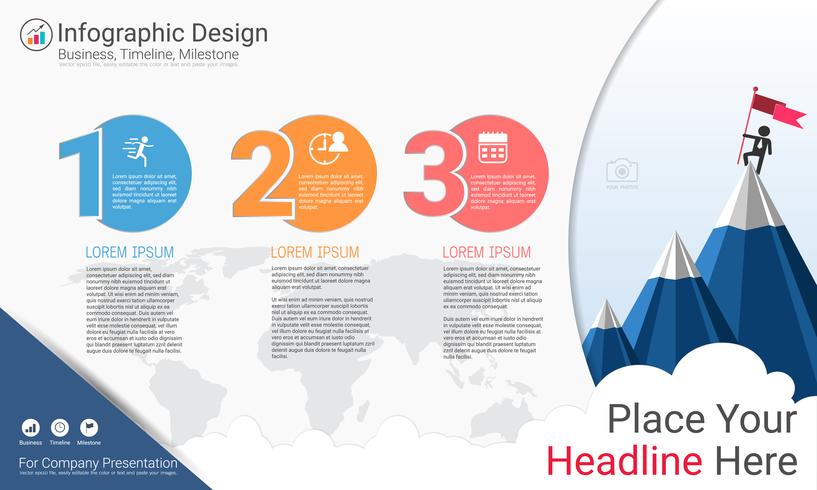 Business infographics report, Milestone timeline or Road map with Process flowchart 3 options. vector