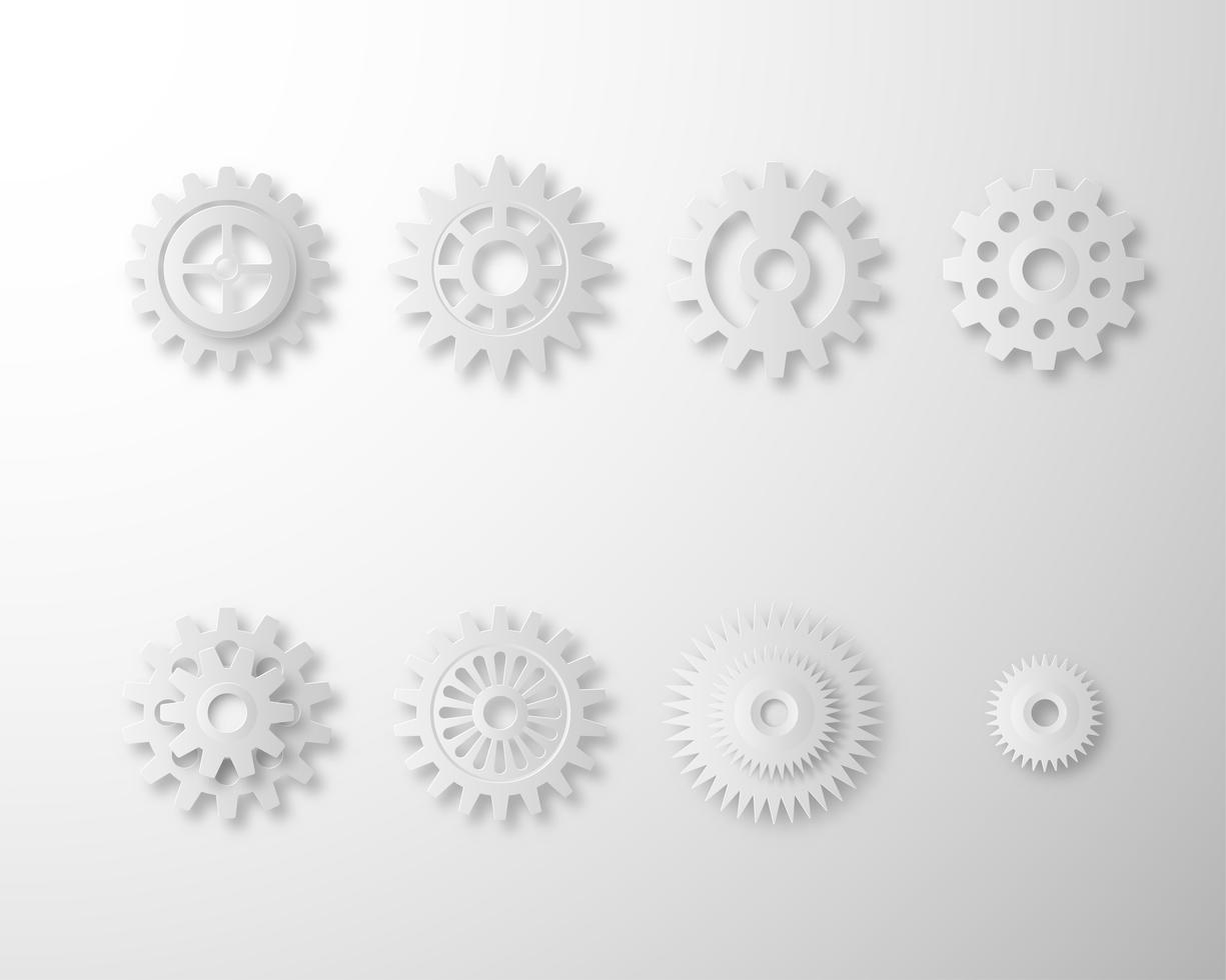 Collection of Gears and cog wheel isolated on white background. Set of white gears paper art