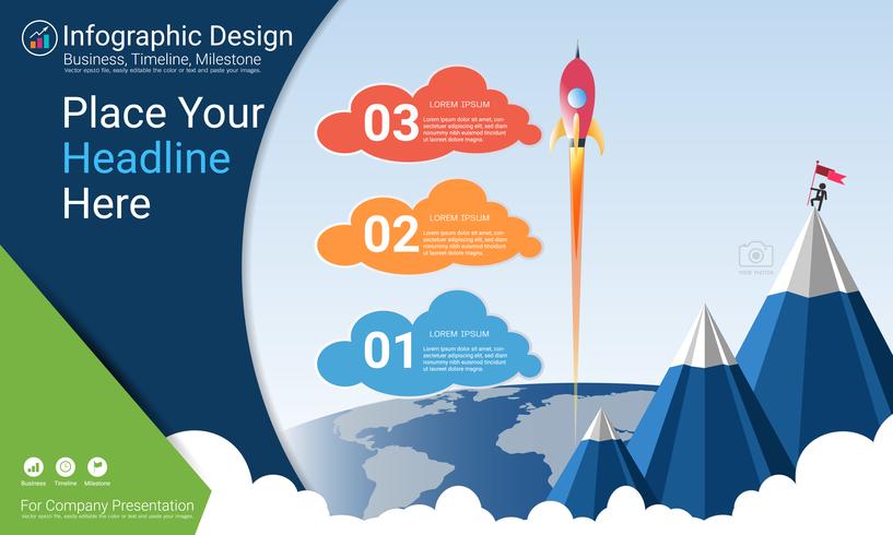 Business infographics report, Milestone timeline or Road map with Process flowchart 3 options. vector