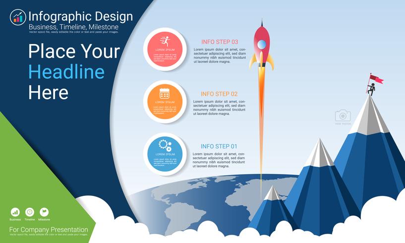 Business infographics report, Milestone timeline or Road map with Process flowchart 3 options. vector