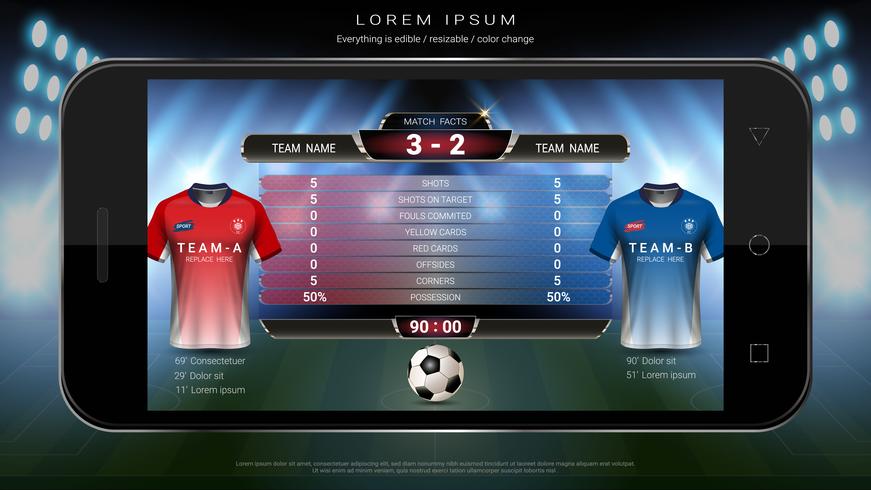 Soccer football mobile live, Scoreboard team A vs team B and global stats broadcast graphic soccer template. vector