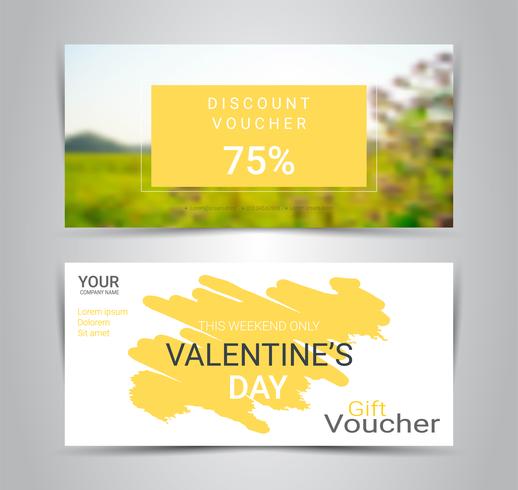 Feliz día de San Valentín, certificados de regalo y vales, cupón de descuento o plantilla de promoción web de banner con fondo borroso. vector