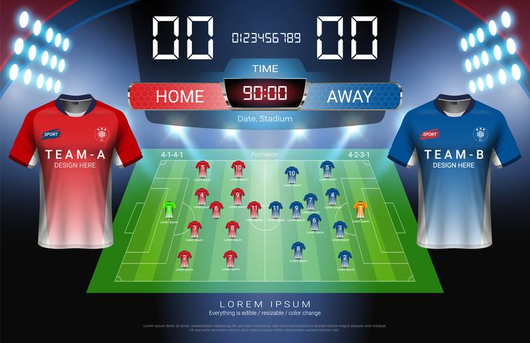 Football or soccer starting lineup, Jersey uniforms and Digital timing scoreboard match vs strategy broadcast graphic template. vector