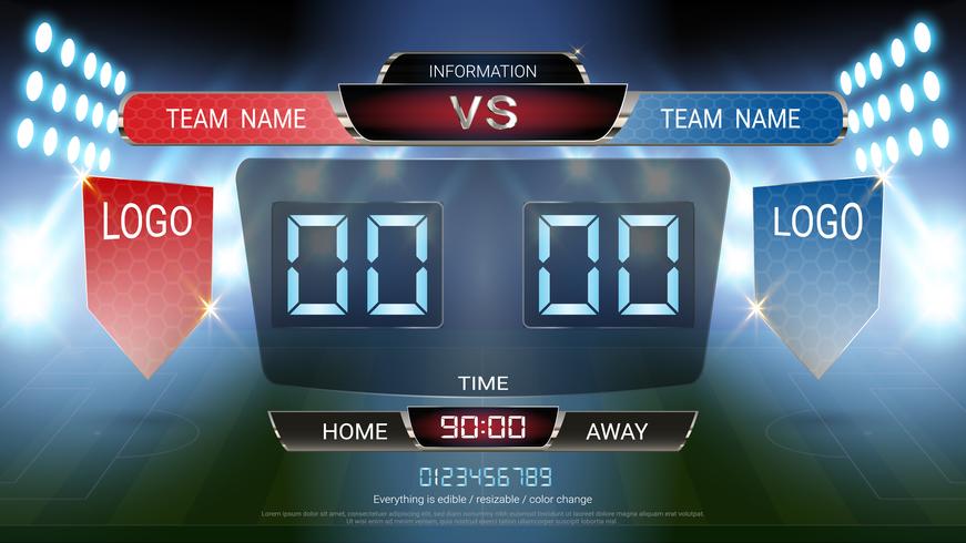 Digital timing scoreboard, Football match team A vs team B, Strategy broadcast graphic template. vector