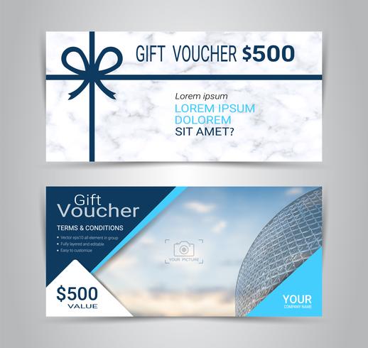 Gift certificates and vouchers, discount coupon or banner web template with marble texture imitation background. vector