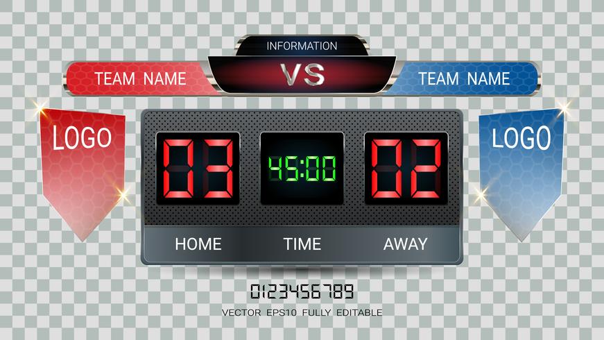 Marcador de cronometraje digital, equipo de partidos de fútbol A contra equipo B, plantilla gráfica de transmisión de estrategia. vector
