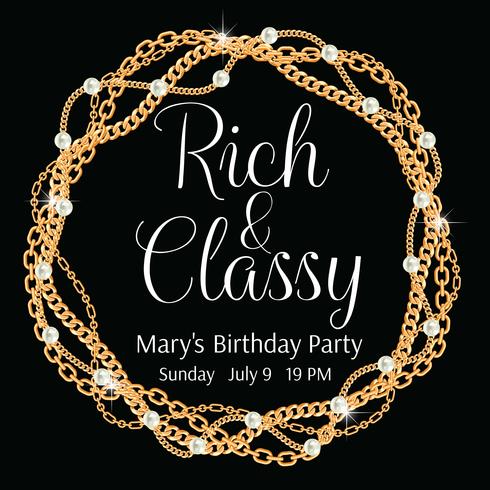Party invitation template. Round frame made with twisted golden chains. With pearls. On black. Vector illustration