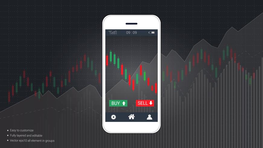 Mobile stock trading concept with candlestick and financial graph charts on screen. vector