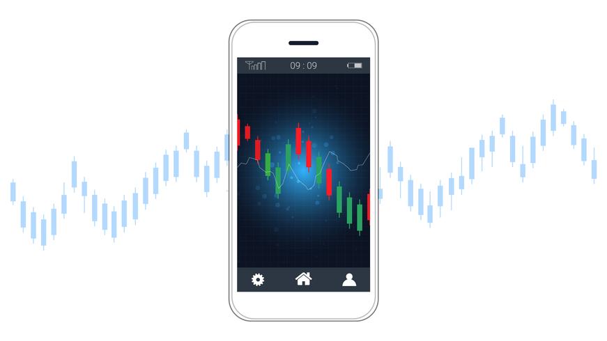 Concepto de compraventa de acciones móviles con gráficos de velas y gráficos financieros en pantalla. vector