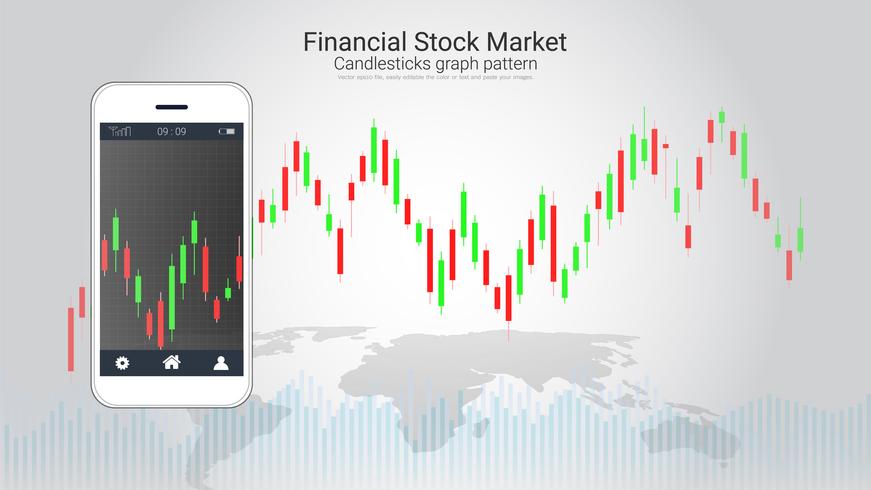 Concepto de compraventa de acciones móviles con gráficos de velas y gráficos financieros en pantalla. vector