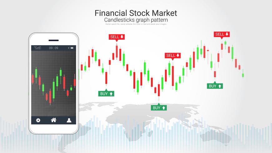 Mobile stock trading concept with candlestick and financial graph charts on screen. vector