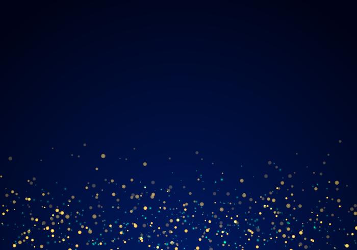 Abstract falling golden glitter lights texture on a dark blue background with lighting. vector