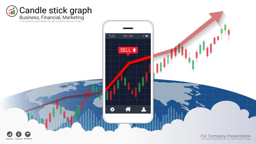 Concepto de compraventa de acciones móviles con gráficos de velas y gráficos financieros en pantalla. vector