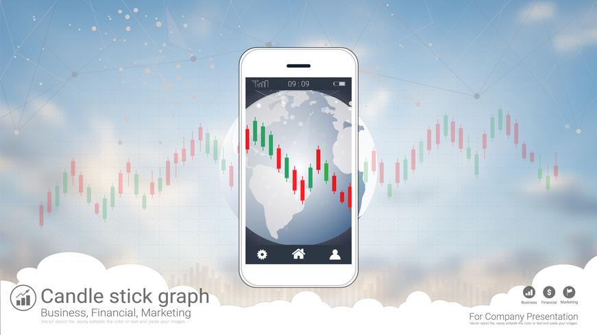 Mobile stock trading concept with candlestick and financial graph charts on screen. vector