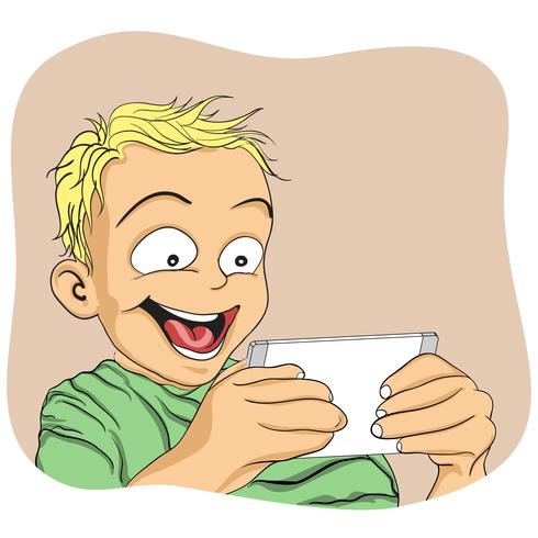 Boy playing games on smartphone and very exciting vector