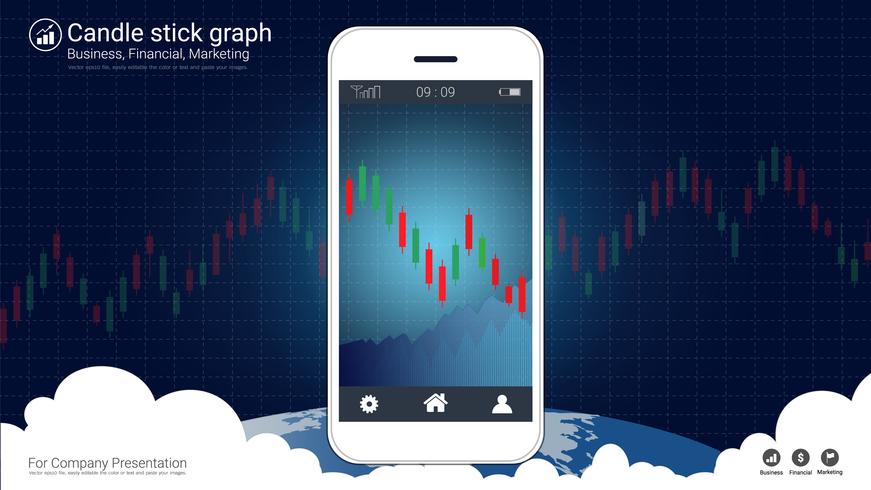 Concepto de compraventa de acciones móviles con gráficos de velas y gráficos financieros en pantalla. vector