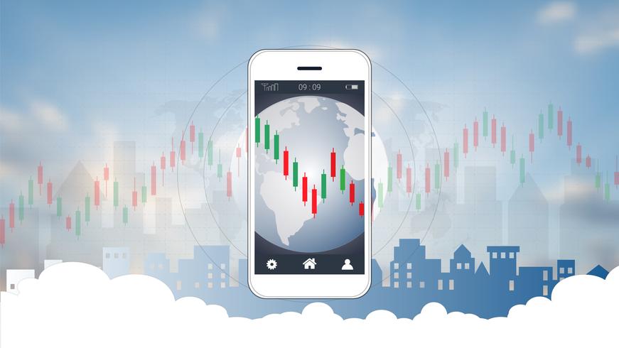 Concepto de compraventa de acciones móviles con gráficos de velas y gráficos financieros en pantalla. vector