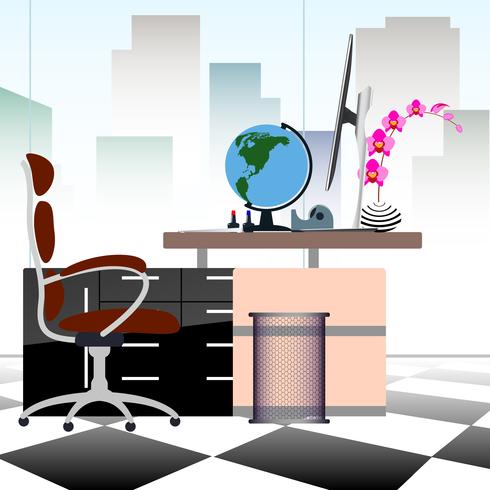 Business concept a desktop at office flat style with atrium buildings in transparent glass windows and can see through out to cityscape. vector