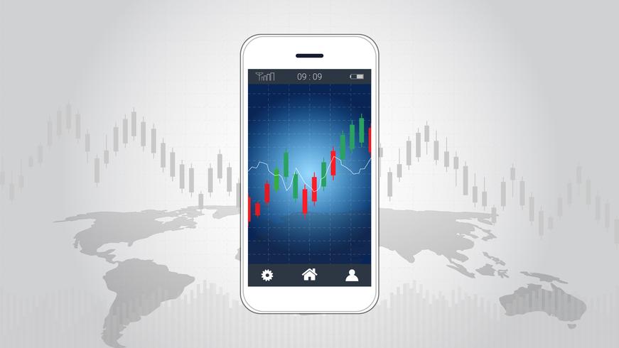 Concepto de compraventa de acciones móviles con gráficos de velas y gráficos financieros en pantalla. vector