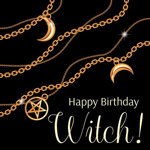  Feliz cumpleaños bruja Diseño de tarjetas de felicitación con pentagramas y colgantes de luna en cadena dorada metálica. En negro Ilustración vectorial   Vector en Vecteezy