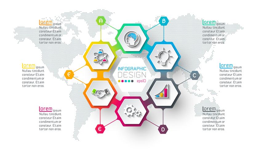 Hexágono de negocios etiquetas infografía de forma en círculo. vector